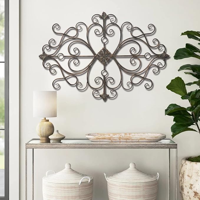 Sintosin Vintage Scroll Wrought Iron Wall Decor 36" x 24", Hanging Distressed Finish Traditional Large Metal Art Wall Decor for Living Room Bedroom Fireplace, Antique Outdoor Metal Home Decor