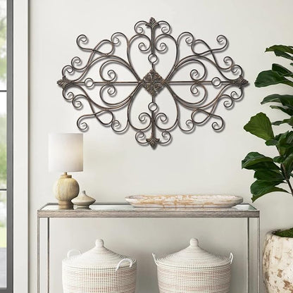 Sintosin Vintage Scroll Wrought Iron Wall Decor 36" x 24", Hanging Distressed Finish Traditional Large Metal Art Wall Decor for Living Room Bedroom Fireplace, Antique Outdoor Metal Home Decor