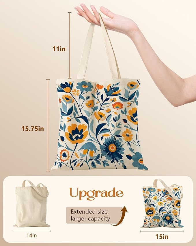 Miss Adola Canvas Tote Bag for Women – Aesthetic Canvas Bag with Zipper Cute Stylish Reusable Shoulder Totes for Shopping Work Daily Vacation, Blue Yellow Flower