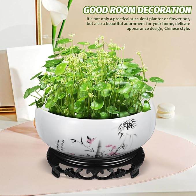 DOITOOL Lotus Bowl Planter, 6.9 Inch Water Lily Bowl Chinese Style Ceramic Lotus Planter, Bonsai Flower Water Lily Pot Hydroponic Pot with Plastic Base