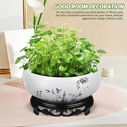 DOITOOL Lotus Bowl Planter, 6.9 Inch Water Lily Bowl Chinese Style Ceramic Lotus Planter, Bonsai Flower Water Lily Pot Hydroponic Pot with Plastic Base