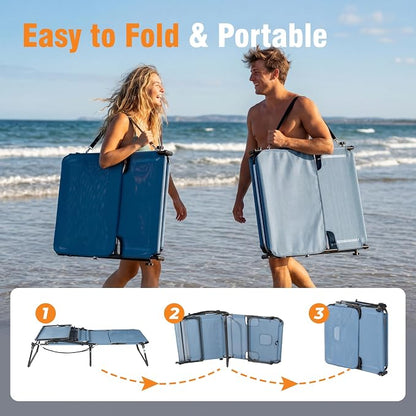 Tanning Chair with Face Hole & Canopy, 28'' Extra Wide, Blue | Folding Chaise Lounge Chair with 4-Position Adjustable Backrest for Beach, Pool, Patio & Camping