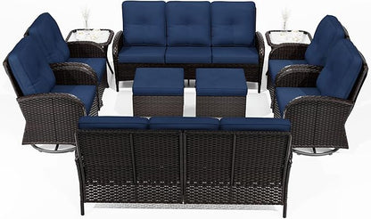 Joyside 10 Piece Patio Furniture Set, Outdoor Wicker Conversation Sets with Swivel Rocker Chairs and Sofa, Thick Cushion, Rattan Patio Sectional for Porch, Deck Use (Brown/Blue, 10 PCS)
