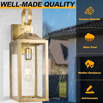 19" Large Dusk to Dawn Outdoor Wall Light, Gold Porch Light Outdoor Wall Lantern Industrial Wall Mount Light Fixture, Waterproof Modern Porch Lighting Exterior Lamp for House Garage