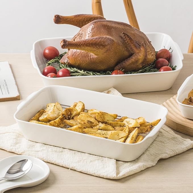 HOMBENE 4.2 QT White Casserole Dishes for Oven, Baking dishes with Roasting Racks, Rectangular Lasagna Pan with Handles for Baking, Ceramic Baking Pan, Microwave Oven Safe