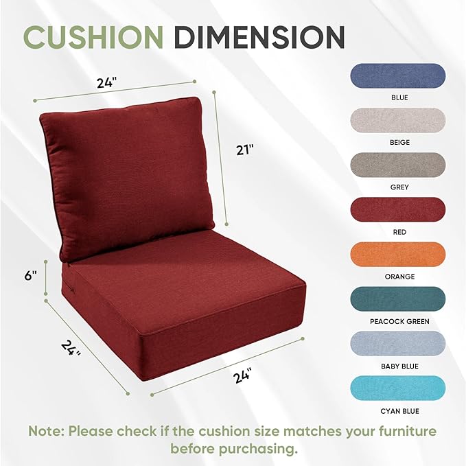 Outdoor Chair Cushions Set of 3, Waterproof 24x24 Patio Chair Cushion, 6" Thickened Seat Cushion for Outdoor Furniture, Couch Cushion Replacement, Include 3 Back & 3 Seat Cushions, Thick/Red
