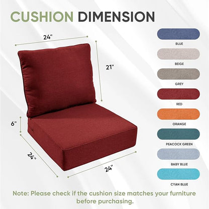 Outdoor Chair Cushions Set of 2, Waterproof 24x24 Patio Chair Cushion, 6" Thickened Seat Cushion for Outdoor Furniture, Couch Cushion Replacement, Include 2 Back & 2 Seat Cushions, Thick/Red