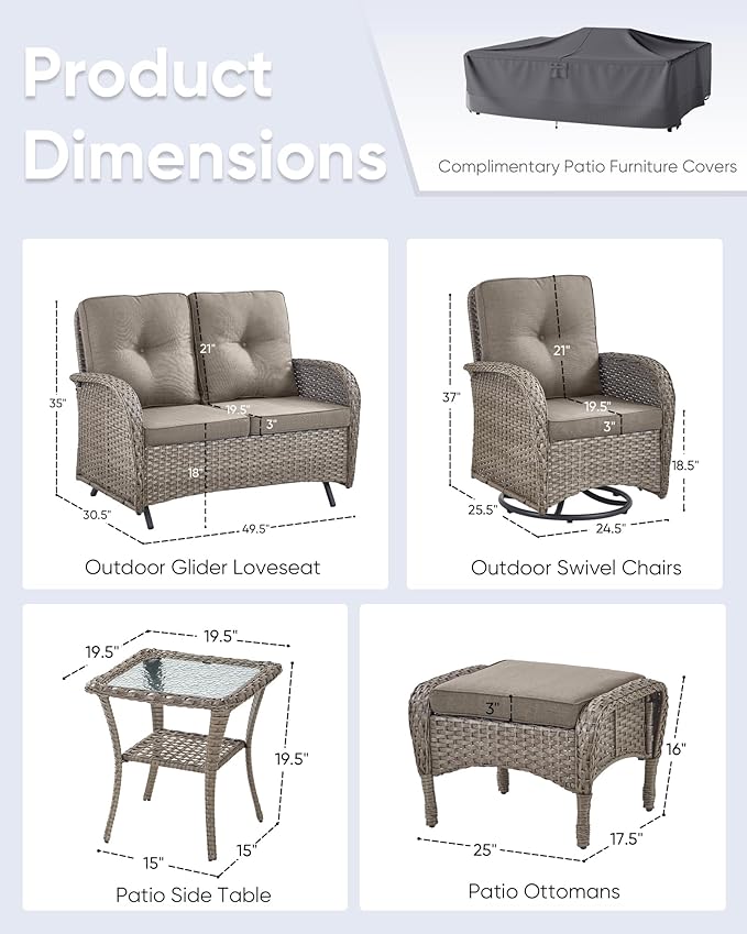 6 Pieces Patio Wicker Furniture Set-Outdoor Swivel Chairs Set of 2 Outdoor Glider Love seat with Outdoor Footstool Patio Furniture for Deck Porch Garden Balcony Poolside-Grey/Grey
