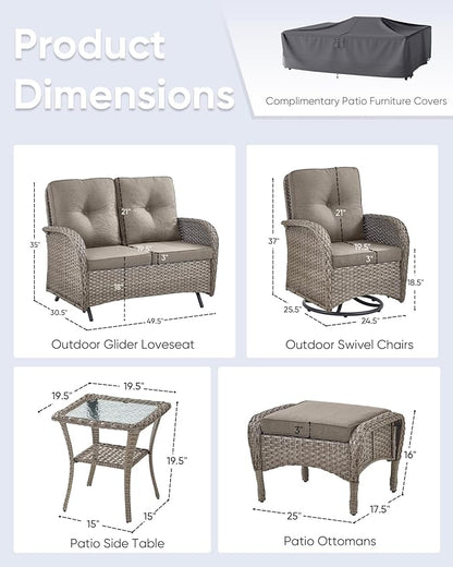 6 Pieces Patio Wicker Furniture Set-Outdoor Swivel Chairs Set of 2 Outdoor Glider Love seat with Outdoor Footstool Patio Furniture for Deck Porch Garden Balcony Poolside-Grey/Grey