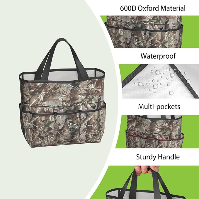 Green Camo Garden Tool Bag - Waterproof Garden Tote with 8 Pockets, Large Storage Home Organizer Gardening Tool Oxford Bag for Garden Tools Kits Holder, Ideal Outdoor Gardening Gift for Women & Men