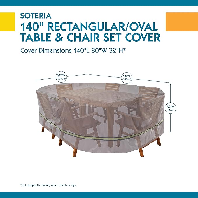 DUCKCOVERS Soteria Waterproof 140 Inch Rectangular/Oval Patio Table with Chairs Cover, Outdoor Table and Chair Cover