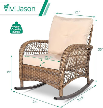 VIVIJASON 2 Piece Patio Wicker Rattan Rocker Chair, Outdoor Rattan Rocker Chair with Cushions & Steel Frame, All-Weather Rocking Lawn Wicker Furniture for Garden Backyard Porch (Beige)