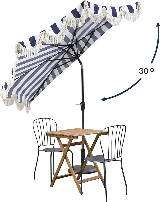 JONATHAN Y Half Umbrella UMB1201B Beverly 9 ft. Designer Classic Scalloped Fringe Market Patio with Crank, Push Button Tilt and UV Protection in Navy/White
