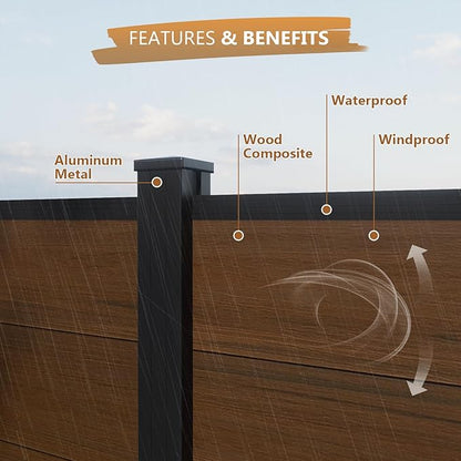 6 Feet×6 Feet Privacy Fence, Outdoor Wood Plastic Composite Fence Panel, Waterproof Security Barriers Fencing (Brown with One 7.6FT Post)