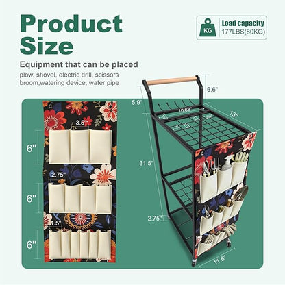 Garden Tool Organizer with Wheels Heavy Duty Yard Tool Organizer Rack with Side Storage Pockets Sturdy Metal Steel Holder with 6 Hooks for Garage, Yard, Patio, Shed