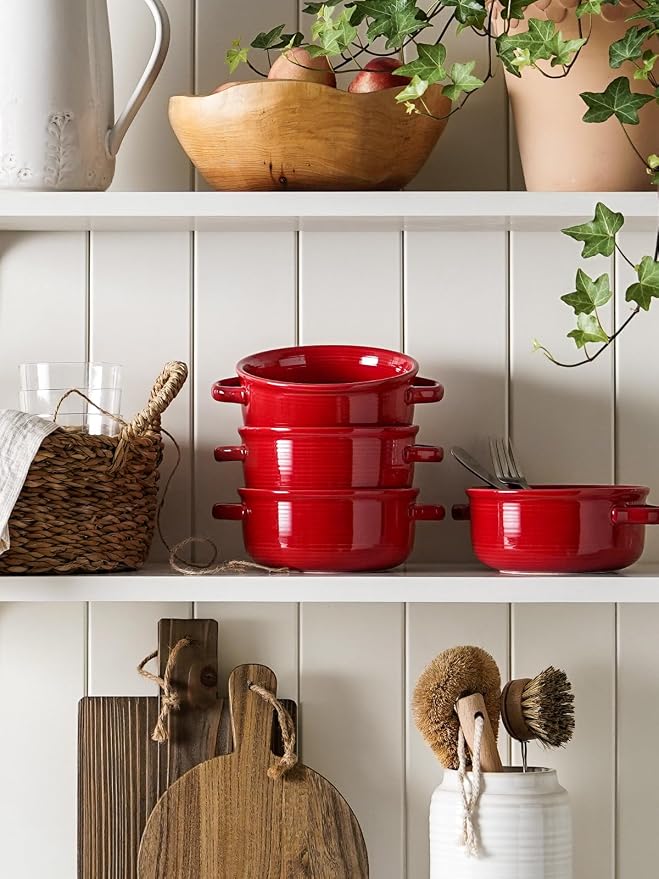 LE TAUCI Soup Bowls with Handles - 22 oz Lead-Free Ceramic French Onion Crocks, Oven and Microwave Safe, Heat-Resistant Design, Stackable, Dishwasher Safe, Set of 4, Red