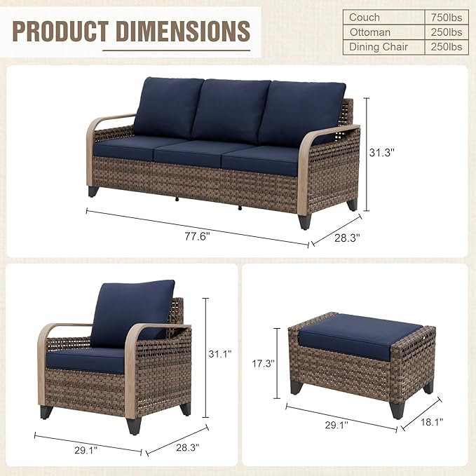 Modern Wicker Patio Furniture Set, Rattan Outdoor Conversation Set with Comfortable Cushions, 2 Patio Chairs, 3 Seat Couch and 2 Ottomans, 5 Pieces, Brown/Blue