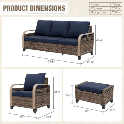 Modern Wicker Patio Furniture Set, Rattan Outdoor Conversation Set with Comfortable Cushions, 2 Patio Chairs, 3 Seat Couch and 2 Ottomans, 5 Pieces, Brown/Blue