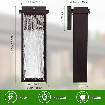 Oil Rubbed Bronze LED Dusk to Dawn Outdoor Lighting 2 Packs, 16" Large Outside Farmhouse Wall Lantern Brown, Industrial Porch Wall Mount Light Fixture with Rippled Glass, Modern Exterior Sconce Lamp