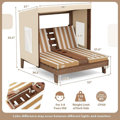 COSTWAY Kids Double Chaise Lounge Outdoor, 2-Seat Patio Lounge Chair with Cup Holders & Cushions, Kids Pool Lounger with Canopy, Wood Patio Furniture for Children Boys Girls 3 Years Old (Beige)