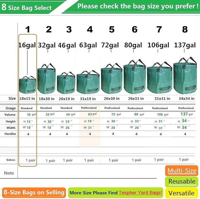 Standard 2-Pack 16 Gallon Yard Lawn Garden Bags (D18, H15 inch) w/Gardening Gloves for Yard Waste Bags,Patio Debris Container,Camping Trash Bin,Recycling Bag,Laundry Bin,Lawn Weeds,Leaf Bag 4 handles