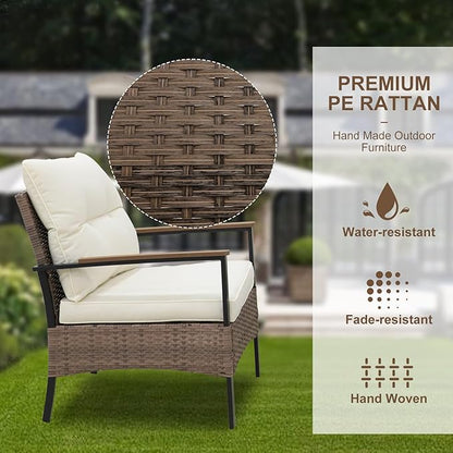 Sunset Escape Wicker Outdoor Furniture, Modern Sofa and Chair Set of 4, Rattan Patio Conversation Set, 2 Patio Chairs, Loveseat and Coffee Table, Gray/Beige