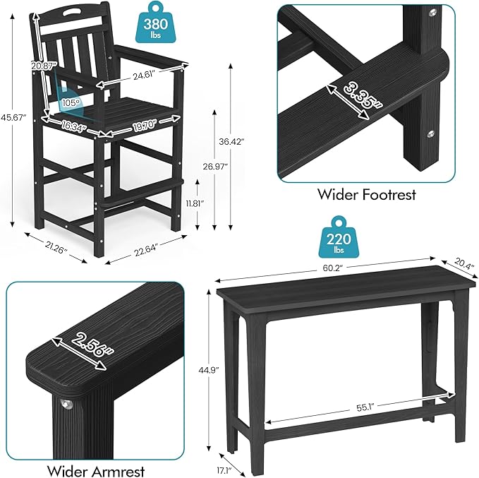 Ciokea Heavy-Duty Outdoor Bar Set, Rectangle High Top Table and 2 Oversized Adirondack Chairs Set, HDPE Modern Patio Bar Set for Outside Bistro Backyard Balcony Deck Outside, Black