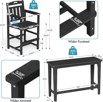 Ciokea Heavy-Duty Outdoor Bar Set, Rectangle High Top Table and 2 Oversized Adirondack Chairs Set, HDPE Modern Patio Bar Set for Outside Bistro Backyard Balcony Deck Outside, Black