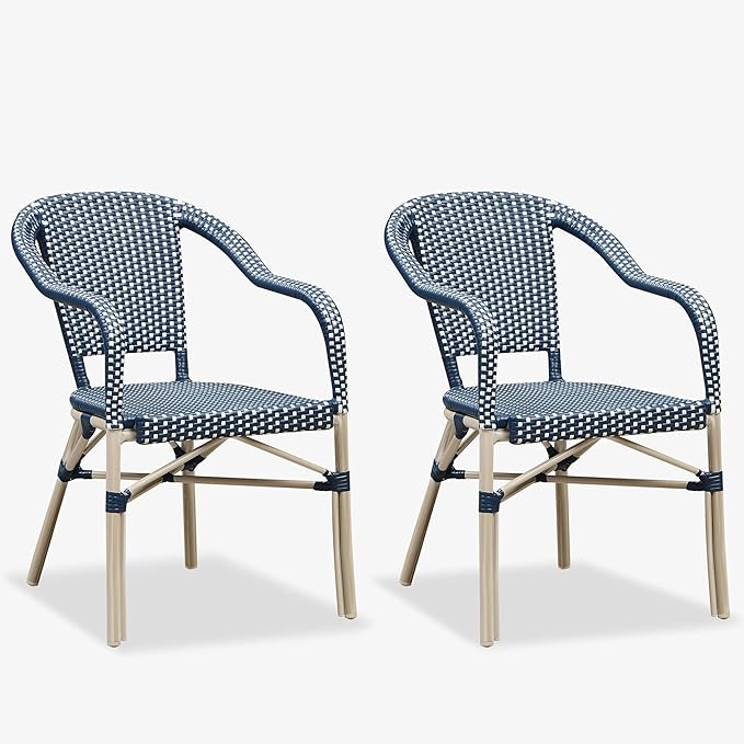PURPLE LEAF Dining Chair Set of 2 Outdoor French Bistro Chairs Hand-Woven Aluminum Wicker Rattan Armchair for Garden Kitchen Backyard Porch White Print Finish Patio Chairs Deep Blue