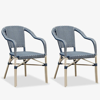 PURPLE LEAF Dining Chair Set of 2 Outdoor French Bistro Chairs Hand-Woven Aluminum Wicker Rattan Armchair for Garden Kitchen Backyard Porch White Print Finish Patio Chairs Deep Blue