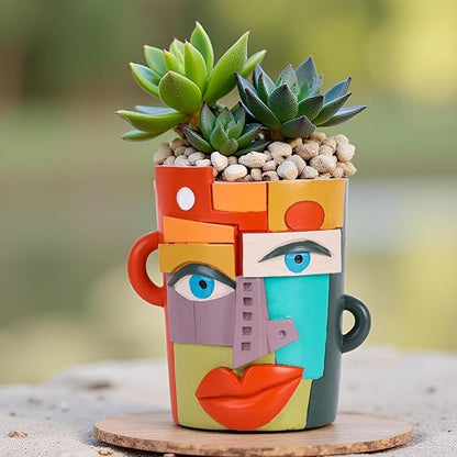 XMGZQ Abstract Cubism Face Planter,Pop Art Sculpture & Vase Decor,Unique Picasso Style Flower Pot,for 4-6 Inch Succulents & Houseplants,Drainage Hole Included,Statement Gift (Mid-Century)
