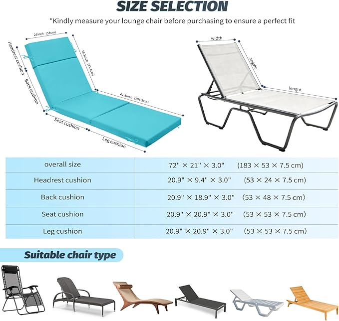 2 Pcs Outdoor Chaise Lounge Cushion 72" x 21" x 3", 4-Section Folding Patio Lounge Chair Cushion with Ties, Waterproof & Fade Resistant Replacement Cushion for Pool, Patio, Deck (Teal, 2 Pcs)