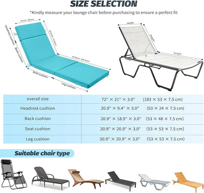 2 Pcs Outdoor Chaise Lounge Cushion 72" x 21" x 3", 4-Section Folding Patio Lounge Chair Cushion with Ties, Waterproof & Fade Resistant Replacement Cushion for Pool, Patio, Deck (Teal, 2 Pcs)