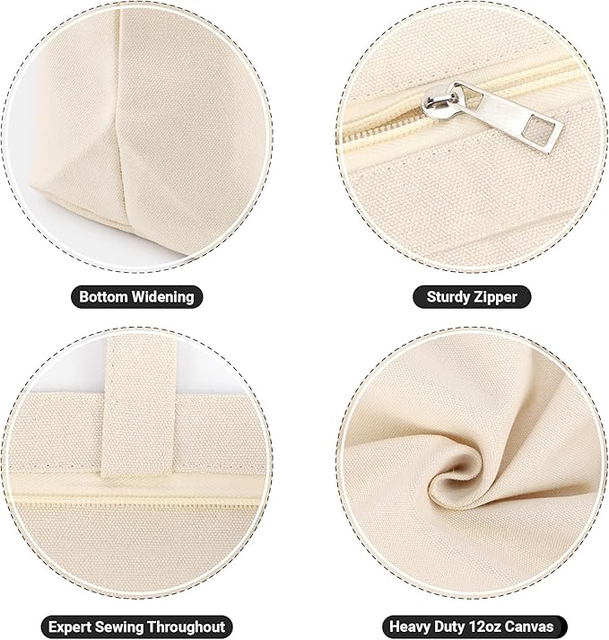 Segarty Canvas Tote Bag with Zipper, 12 Pack 16x13 Reusable Storage Bags for Women, Blank Canvas Tote Aesthetic with Natural Cotton Cloth, Shoulder Strap, Bulk for DIY, Grocery, Beach, Travel，Gift