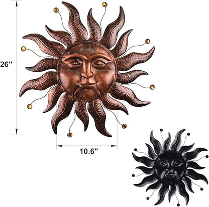 Metal Wall Art Decor Outdoor Inside with Sun Face, 26 Inch Large Outside Sun Metal Decorations Hanging on House, Living Room, Bedroom, Patio, Fence, Yard