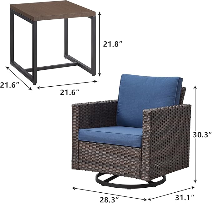 Rilyson Outdoor Patio Swivel Rocker Chairs - 3 Piece Wicker Patio Furniture Bistro Swivel Rocking Chairs Set with Comfortable Cushions,Sturdy Metal Frame and Side Table for Porch Deck(Brown/Blue)