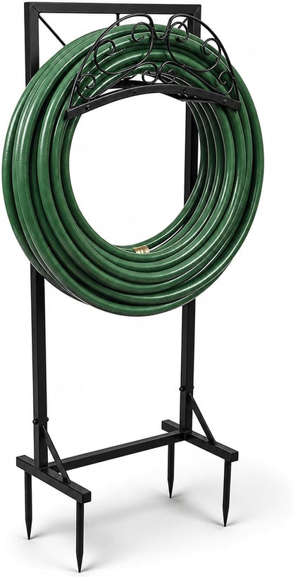 Garden Hose Holder Stand, Heavy Duty Freestanding Metal Rack | Reinforced Triangle Support, Dual Ground Stakes & Weather-Resistant Finish for Elegant Outdoor Storage