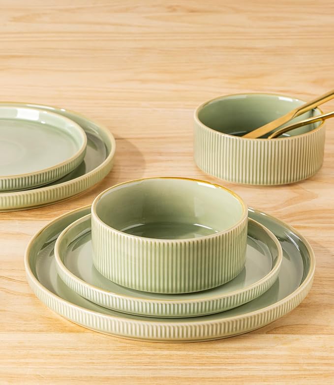 TheTerra Ceramic Dinnerware Sets for 4, 12 Pieces Porcelain Lightweight Plates and Bowls Sets, Scratch Resistant Dish Set, Oven & Microwave & Dishwasher Safe, Duck Egg Green