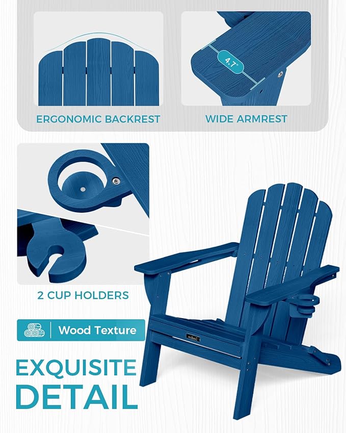 Adirondack Chairs Set of 6, Fire Pit Chairs, Wood Texture Patio Chairs with 2 Cup Holder, Outdoor Lawn Chair, NavyBlue