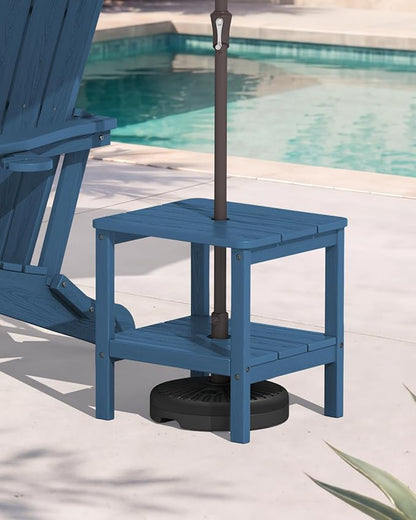 SERWALL 2-Tier HDPE Outdoor Side Table with Umbrella Hole, Weatherproof Rectangular Adirondack Side Table, Blue