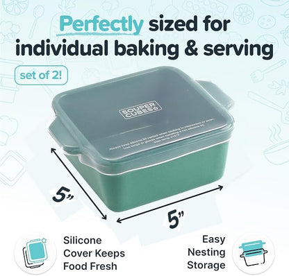 Souper Cubes Ceramic Baking Dishes 2.0-5" x 5" Baking Dishes with Silicone Lids, Individual Baking Dishes for Oven, Microwave, Oven and Air Fryer Safe, USA Made, Set of 2 - Kale