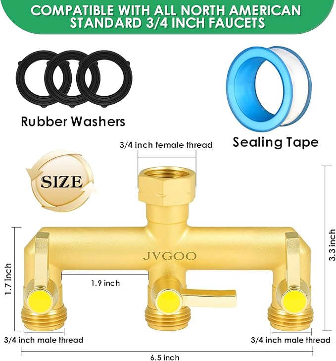 Garden Hose Holder for Outside & Garden Hose Splitter, Upgraded Water Hose Holders with 5 Spikes & 2 Shepherds Hooks, Brass 3 Way Hose Splitter Heavy Duty With Extension Handle
