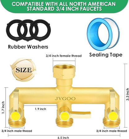 Garden Hose Holder for Outside & Garden Hose Splitter, Upgraded Water Hose Holders with 5 Spikes & 2 Shepherds Hooks, Brass 3 Way Hose Splitter Heavy Duty With Extension Handle