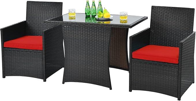 HAPPYGRILL 3-Piece Outdoor Wicker Bistro Set PE Rattan Dining Table Set with Cushioned Chairs, Patio Conversation Set for Backyard Porch Garden and Poolside