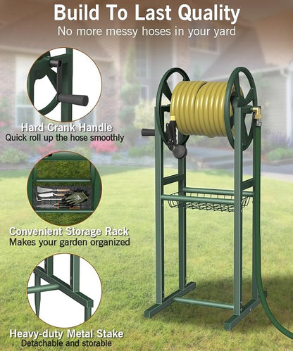 Garbuildman Ground Mount Garden Hose Reel Holds 125 Feet of 5/8-Inch with 3.9 ft Leader Hose, Brass Fitting, Water Hose Holder Stand with Storage Rack & 4 Spikes Base for Outdoor Lawn, Green