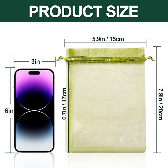 100pcs Green Fruit Netting Bags,5.9x7.9 Inch Drawstring Mesh Pest Bird Barrier for Tomato Apple Peach Plum Garden Fruits