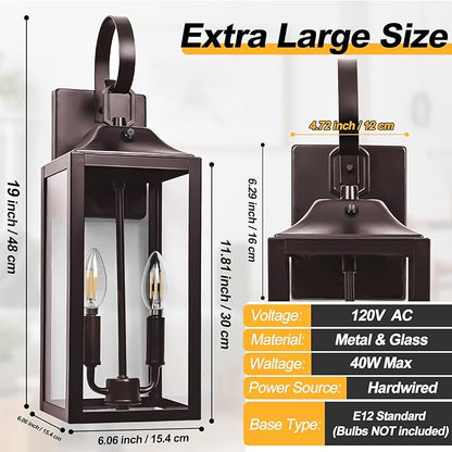 Oil Rubbed Bronze Dusk to Dawn Outdoor Wall Lighting, 19" Large Outside Modern Wall Sconce Lantern, Industrial Porch Light Wall Mount, Waterproof Farmhouse Exterior Lamp 2-Light Brown, 2 Pack