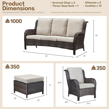 5 Pieces Outdoor Patio Furniture Conversation Set PE Rattan Wicker with a 3-Seater Sofa, 2 Armchairs, 2 Outdoor Ottomans for Yard Backyard (Brown/Beige)