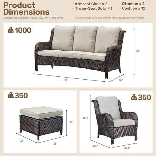 5 Pieces Outdoor Patio Furniture Conversation Set PE Rattan Wicker with a 3-Seater Sofa, 2 Armchairs, 2 Outdoor Ottomans for Yard Backyard (Brown/Beige)