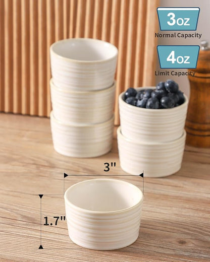 Hasense 4 oz Ramekins Oven Safe, Ceramic Creme Brulee Bowls Set of 6, Mini Baking Dishes for Souffle Pudding, Serving Dip, Custard, Ice Cream, Clay-Infused White